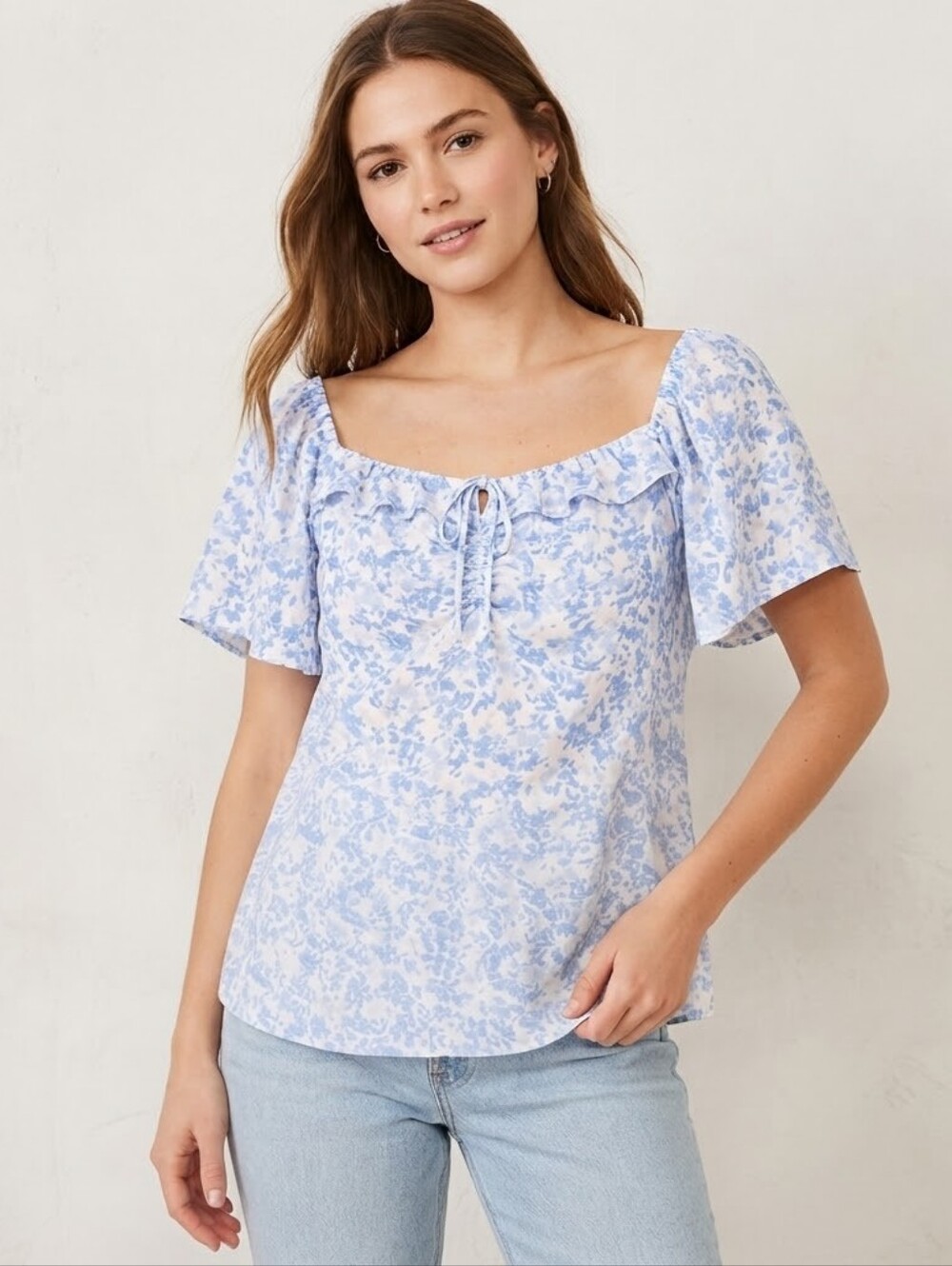 Lush Blue White Floral Smocked Square Neck Ruffle Short Sleeve Blouse Top M